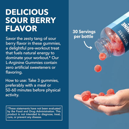 L-Arginine Gummies with L-Citrulline and Beet Root - Nitric Oxide Supplement - 90 Count - Energy, Endurance, and Recovery Support - Vegan, Non-Gmo - Energizing Sour Berry Flavor, 30-Day Serving
