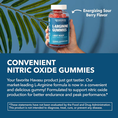 L-Arginine Gummies with L-Citrulline and Beet Root - Nitric Oxide Supplement - 90 Count - Energy, Endurance, and Recovery Support - Vegan, Non-Gmo - Energizing Sour Berry Flavor, 30-Day Serving