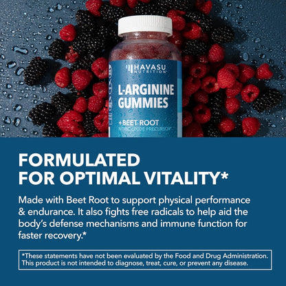 L-Arginine Gummies with L-Citrulline and Beet Root - Nitric Oxide Supplement - 90 Count - Energy, Endurance, and Recovery Support - Vegan, Non-Gmo - Energizing Sour Berry Flavor, 30-Day Serving